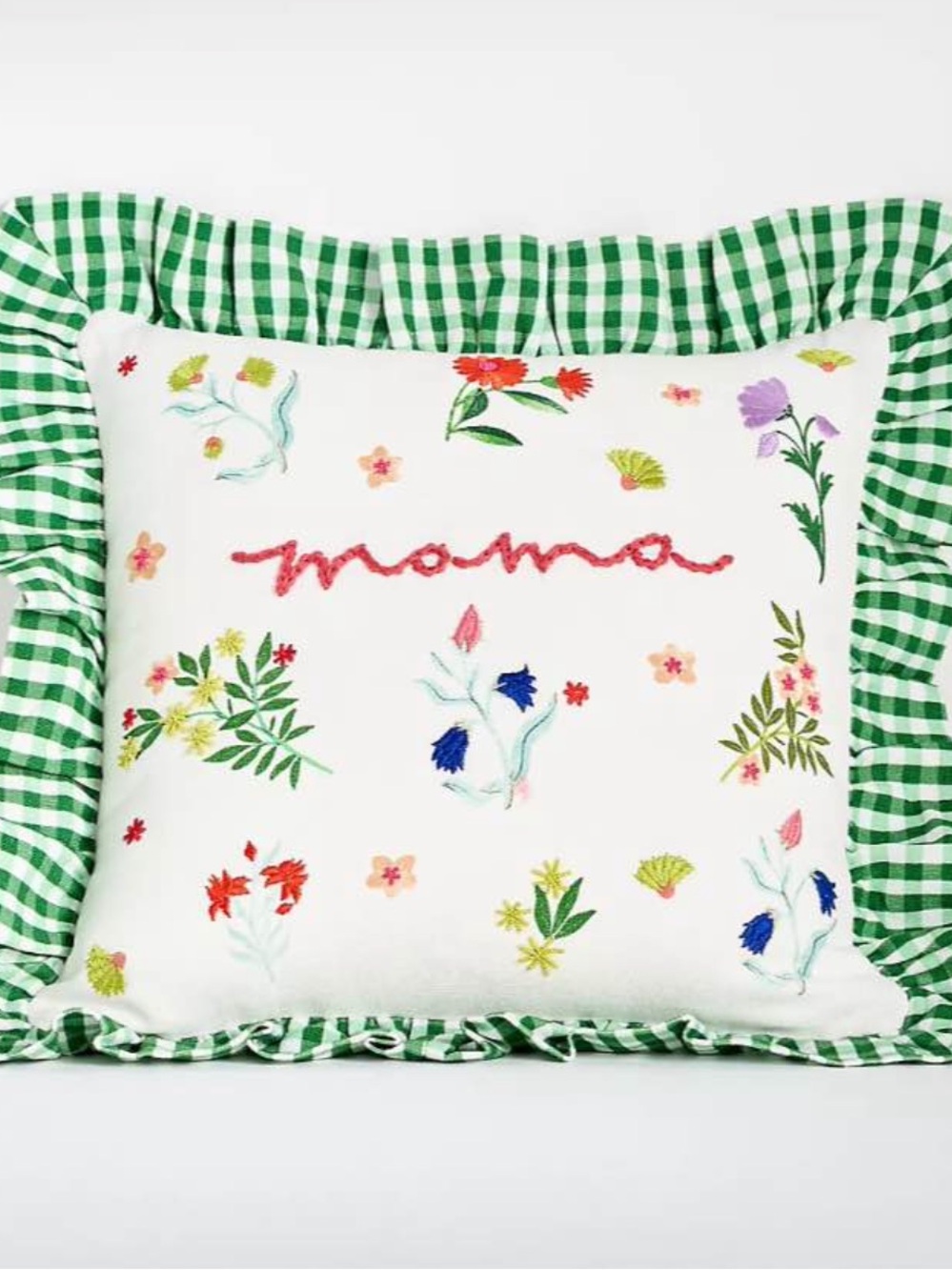 Anthropologie White Embroidered “mama” Pillow with Green Gingham Ruffle